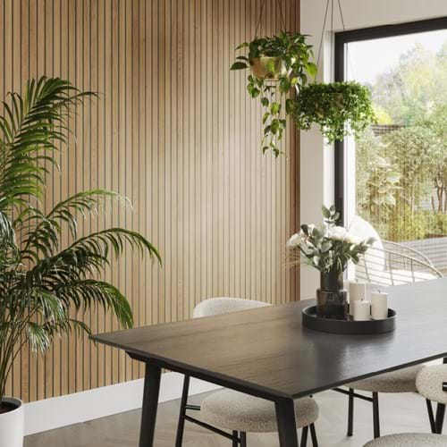 wood slat wall dining room